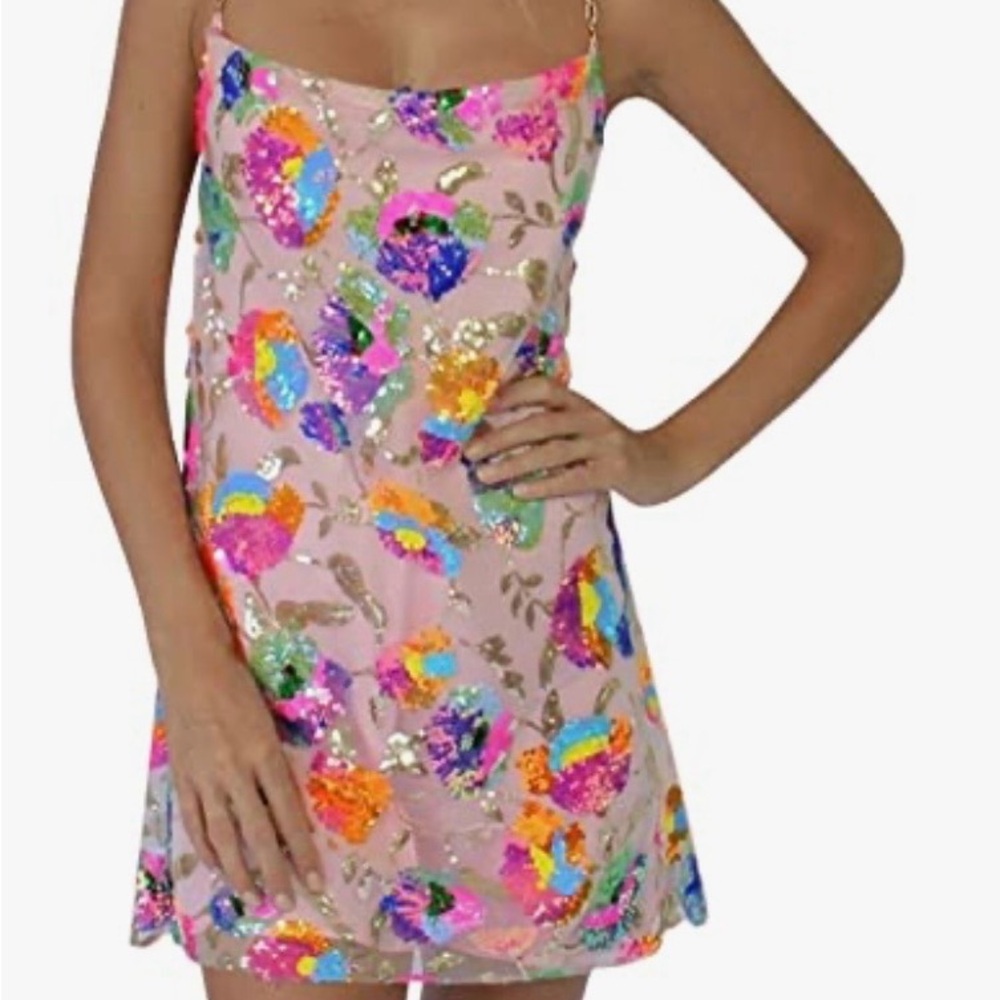 Pink Floral Sequin Chain Strap Mini Dress